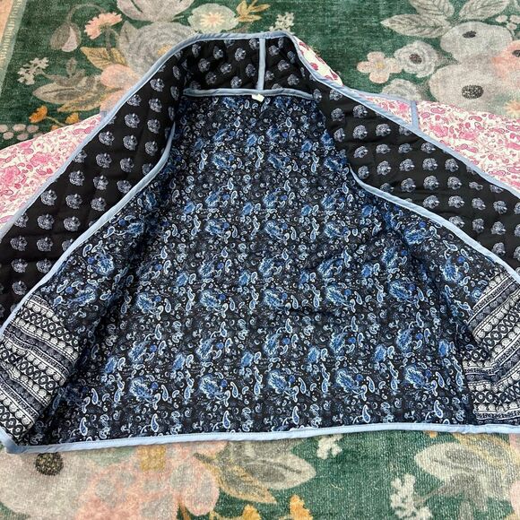 Puffer Jacket Womens Small Blue Pink Floral Paisley Quilted Reversible Cropped - Picture 12 of 13